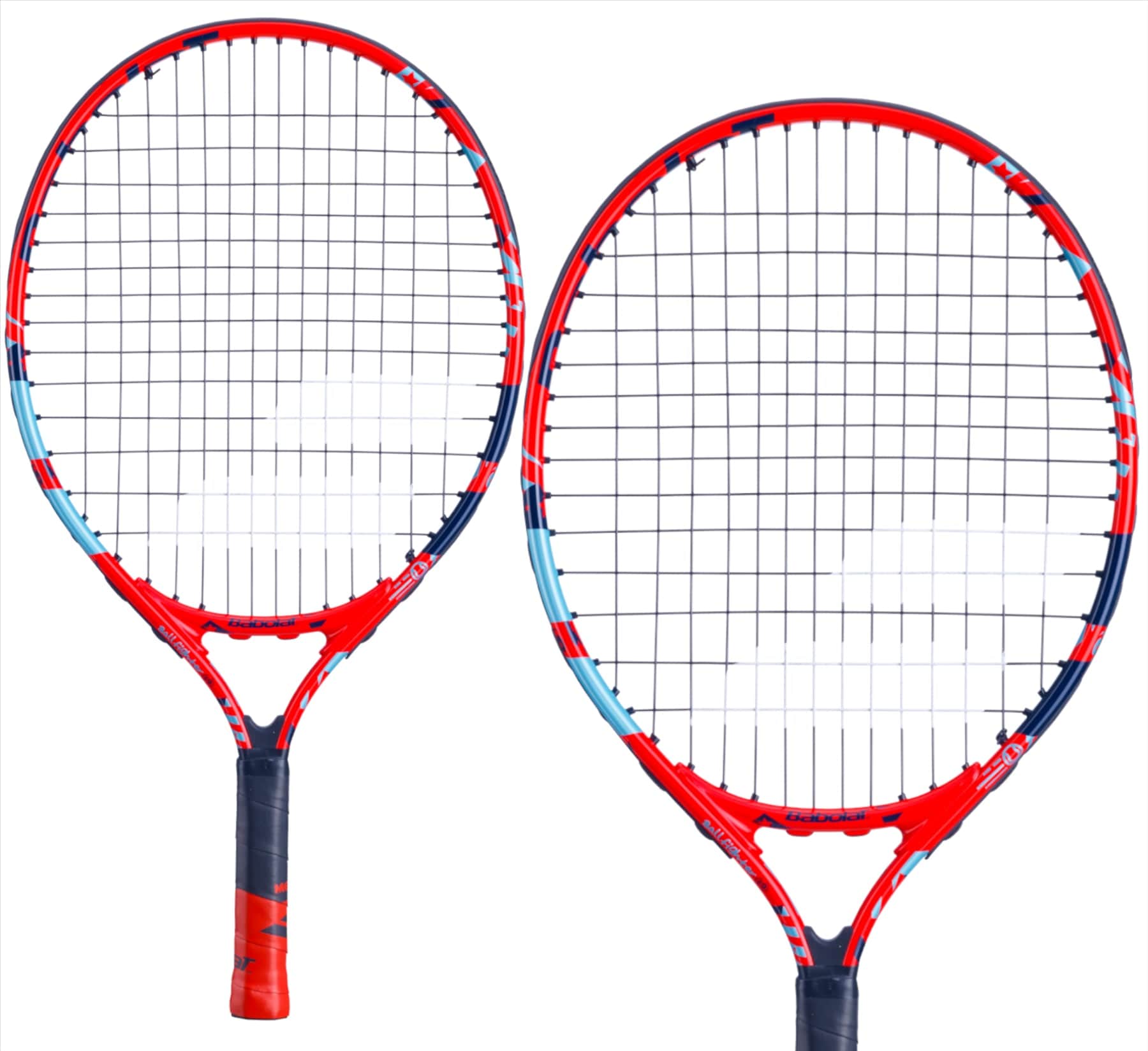 Two Babolat BallFighter 19 Junior Tennis Rackets in red and blue, with black grips, are displayed side by side. The frames and strings showcase a patterned design set against a plain white background, making them ideal for young players learning the game with their intuitive teaching grip.