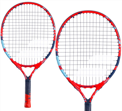Two Babolat BallFighter 19 Junior Tennis Rackets in red and blue, with black grips, are displayed side by side. The frames and strings showcase a patterned design set against a plain white background, making them ideal for young players learning the game with their intuitive teaching grip.