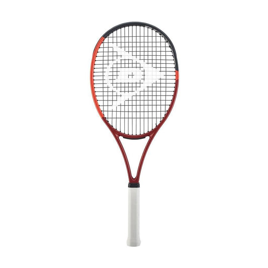 The Dunlop CX 200 OS 2024 Tennis Racket - Red showcases a vibrant red frame along with black strings featuring a geometric pattern and is completed with a comfortable white grip. Ideal for intermediate players, it looks pristine against a plain white background.