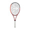 The Dunlop CX 200 OS 2024 Tennis Racket - Red showcases a vibrant red frame along with black strings featuring a geometric pattern and is completed with a comfortable white grip. Ideal for intermediate players, it looks pristine against a plain white background.