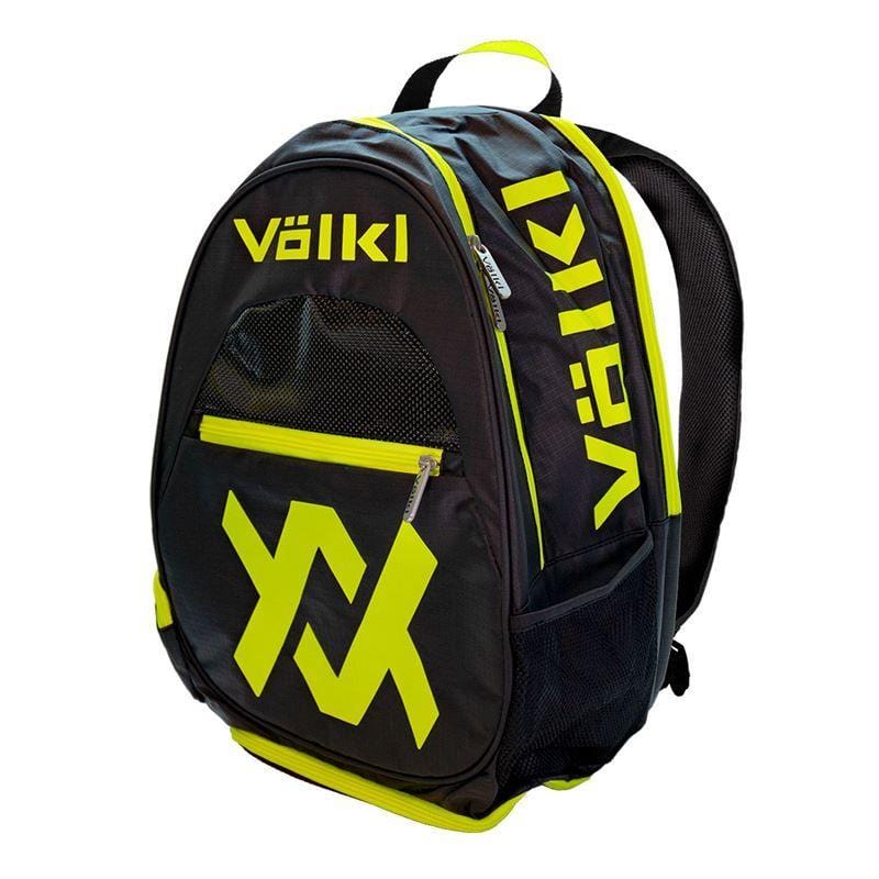 Discover the Volkl Tour Tennis Backpack in Black and Neon Yellow, showcasing striking "Völkl" branding. This stylish accessory is equipped with a front zippered pocket featuring a mesh panel, a prominent yellow logo, and a handy side accessory pocket for additional storage. Perfect for organizing essentials while on the move.