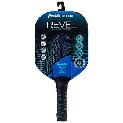 The Franklin Revel Pickleball Paddle - Blue by Franklin features a blue and black design, comes in its packaging with product specs on the front, is beginner friendly, and is USA Pickleball approved.