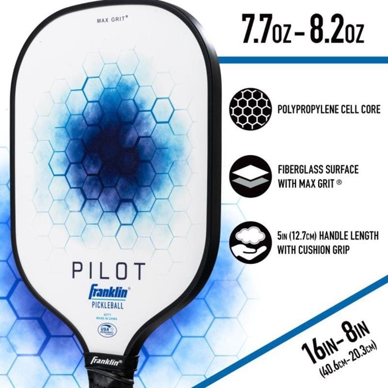 The Franklin Pilot Pickleball Paddle by Franklin has a blue hexagon design, weighs 7.7–8.2 oz, features a polypropylene core, fiberglass surface, 5" cushioned handle, measures 16"x8", and is USAPA approved for any game.