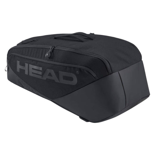 The HEAD Pro X 9 Racket Tennis Racket Bag L - Black offers a sleek design with a roomy main compartment, side zipper pocket, climate control technology, and bold HEAD branding inspired by Novak Djokovic.