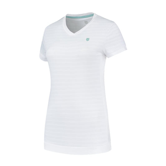 Introducing the K-Swiss Tac Hypercourt Women's V-Neck Tennis Top in White, designed with delicate horizontal stripes and a discreet logo near the left shoulder, all set against a clean white backdrop.