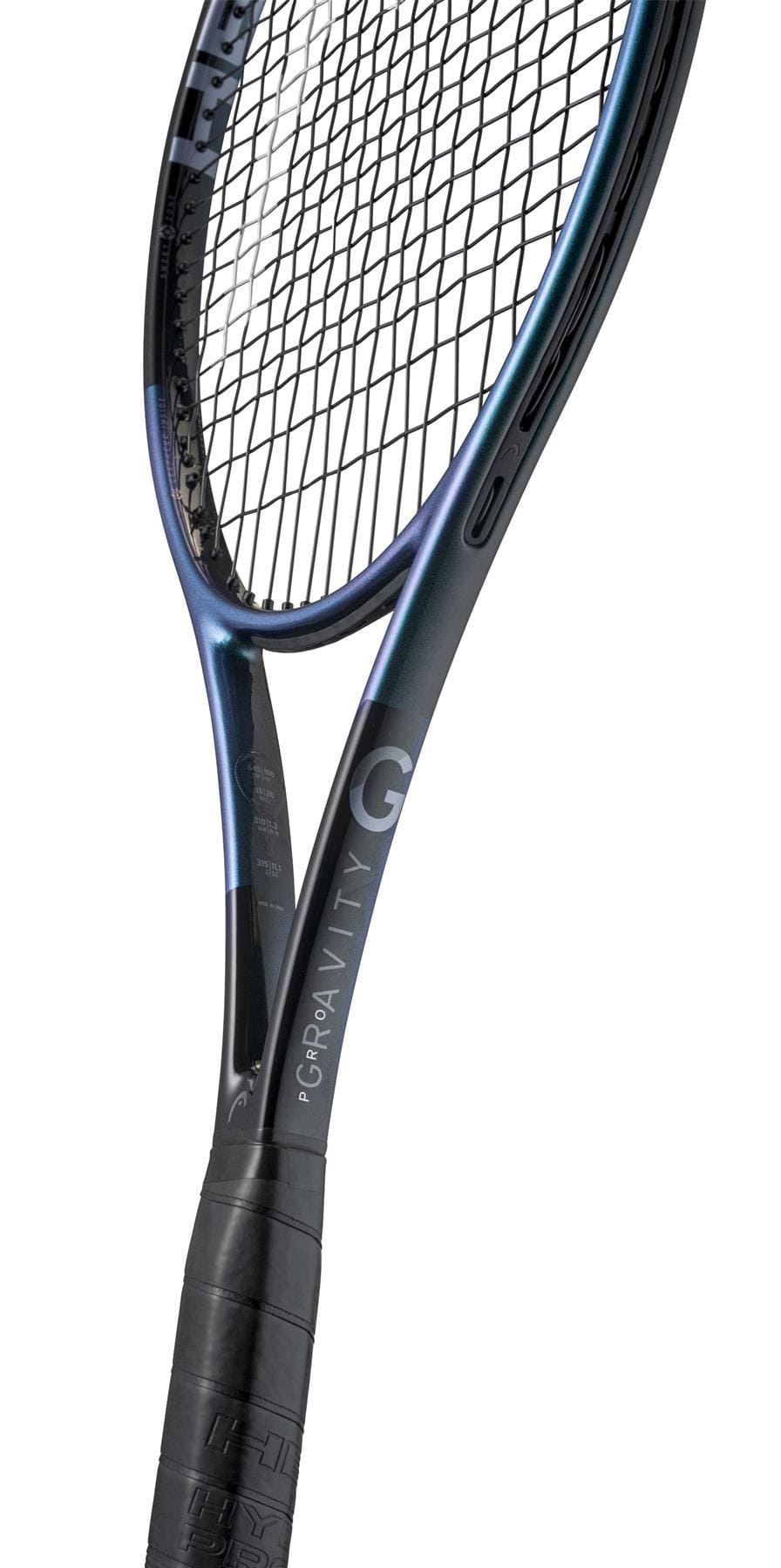 Close-up of the HEAD Gravity Pro 2025 Tennis Racket, featuring Auxetic 2.0 technology, large sweetspot, visible strings, frame, and grip, with "GRAVITY" clearly marked on the side.