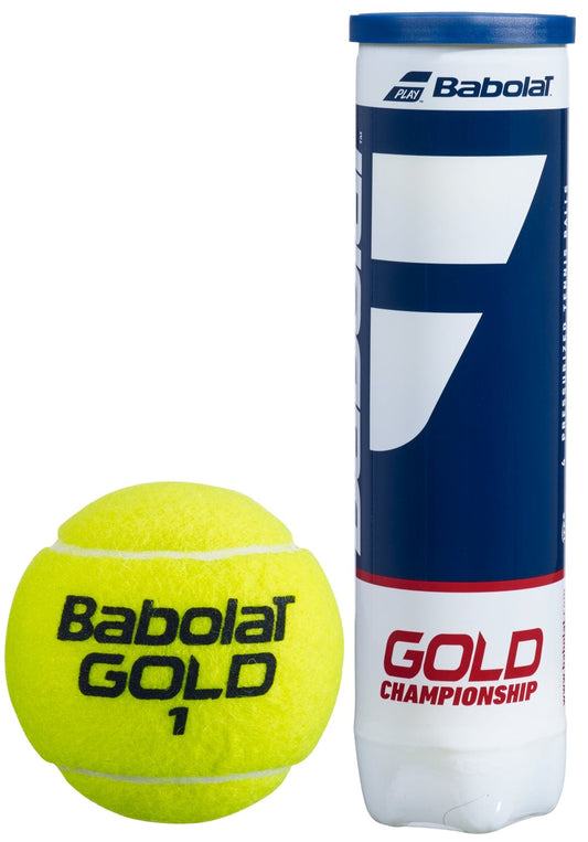 A tube of Babolat EVO Gold Championship Tennis Balls (4 Ball Tube) is positioned upright, highlighting their impressive durability, with a single pressurized tennis ball placed alongside it. The tube features a blue and white design with red text, and the yellow ball is marked with "Babolat Gold 1" in black.