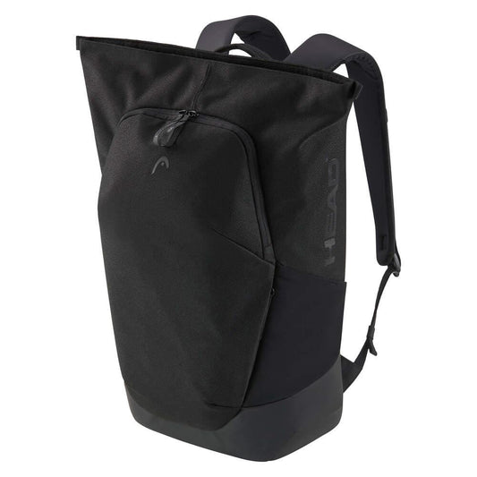 The HEAD Pro X Tennis Backpack 25L - Black features padded shoulder straps, a large front zip pocket, subtle side branding, and a roll-top main compartment, blending urban style with sleek design.