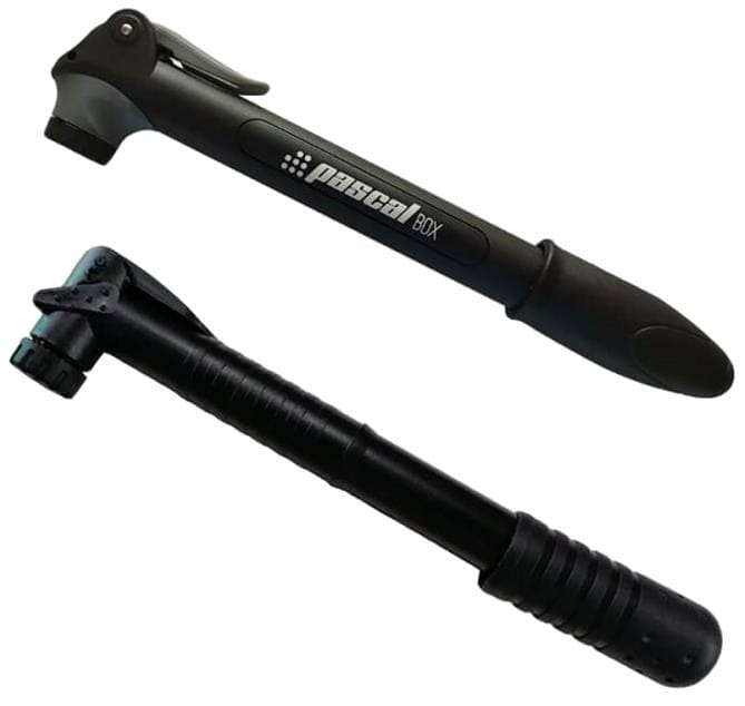 Two compact, black handheld bicycle pumps are shown side by side against a white background. One is labeled "pascal BOX," resembling the Bullpadel Pascal Tennis Ball Pressuriser - 4 Ball Tube by Bullpadel; both feature ergonomic grips and extendable nozzles.