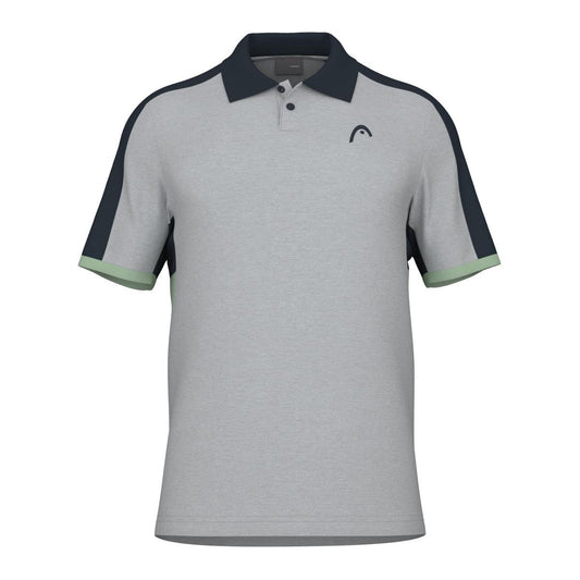 Introducing the HEAD Performance Play Tech Men's Polo Shirt in gray, designed for optimal breathability with its moisture transfer microfiber. This short-sleeve polo features striking dark blue shoulder panels and light green trim on the cuffs. An abstract logo elegantly embroidered on the left chest adds a stylish touch, complemented by a buttoned collar.