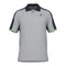 Introducing the HEAD Performance Play Tech Men's Polo Shirt in gray, designed for optimal breathability with its moisture transfer microfiber. This short-sleeve polo features striking dark blue shoulder panels and light green trim on the cuffs. An abstract logo elegantly embroidered on the left chest adds a stylish touch, complemented by a buttoned collar.
