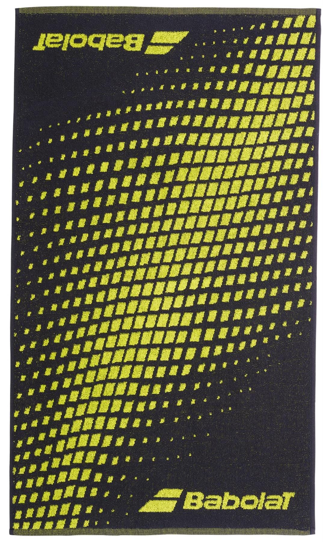 The Babolat Medium Towel - Aero / Grey is a soft cotton, rectangular tennis towel featuring the Babolat logo and name—ideal for adding style and function to your tennis gear.