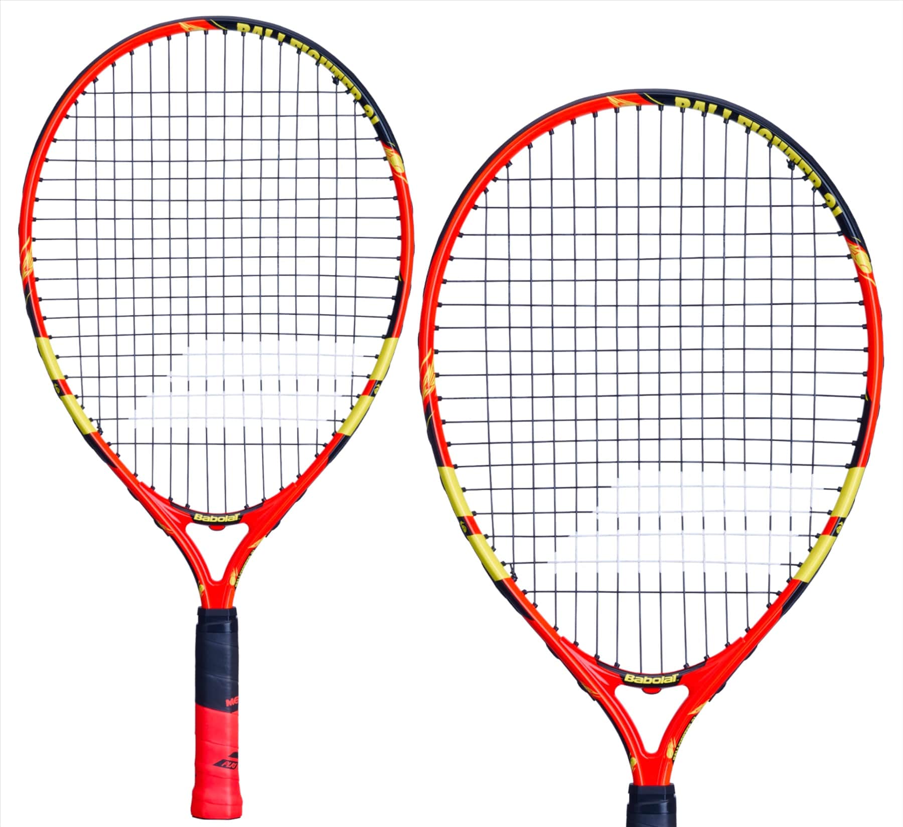 Two Babolat Ballfighter 21 Tennis Rackets in vibrant hues of orange, black, and yellow are arranged against a white background. One racket is slightly tilted, while the other stands upright, making them ideal for teaching young players effective grip techniques in tennis.