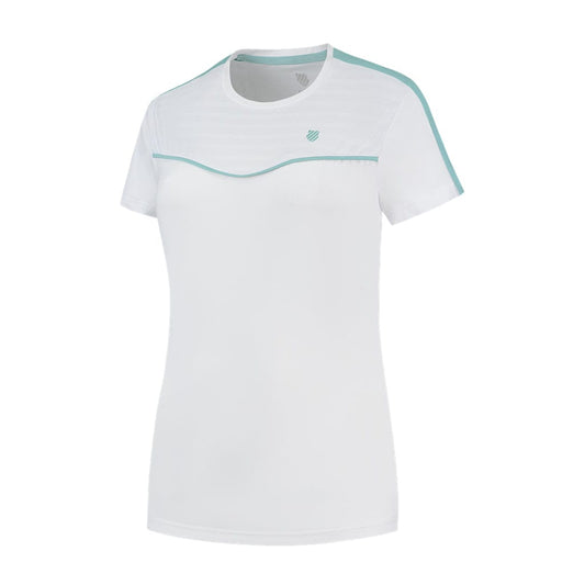 The K-Swiss Tac Hypercourt Round Neck Tennis Top 2 in white is a short-sleeve athletic shirt featuring light turquoise accents on the shoulders and a small logo on the chest. Its breathable fabric makes it perfect for sports or casual wear, while the fitted design offers both comfort and style.