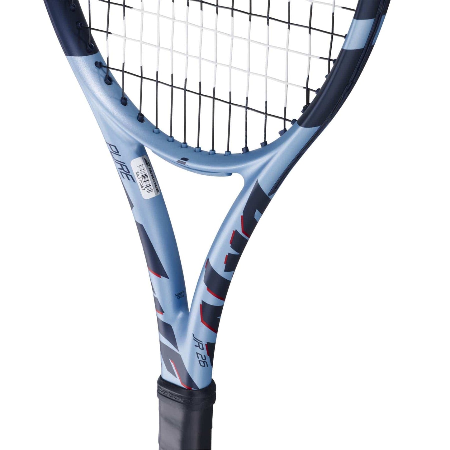 Close-up of a Babolat Pure Drive Junior 26 Gen 11 Tennis Racket in blue and black, highlighting the handle, throat area, visible string pattern, barcode sticker, and "Babolat" branding on the frame.