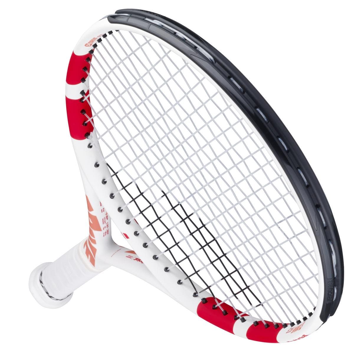 A close-up view of the Babolat Drive Junior 23 Tennis Racket by Babolat, featuring a white frame, red accents, black edge protection, and white grip with tightly strung netting.