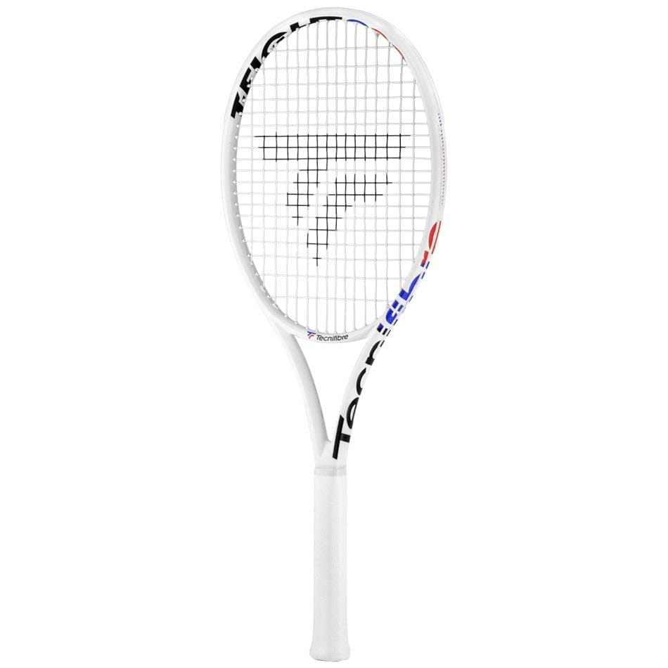 The Tecnifibre T-Fight 280 Isoflex Tennis Racket in white, showcasing a 100in² head size and a grid of strings along with sleek Tecnifibre brand logos on the frame, is displayed against a plain background. The handle, wrapped with white grip tape, highlights the precision inherent in the RS Section design.