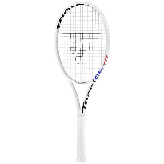 The Tecnifibre T-Fight 280 Isoflex Tennis Racket in white, showcasing a 100in² head size and a grid of strings along with sleek Tecnifibre brand logos on the frame, is displayed against a plain background. The handle, wrapped with white grip tape, highlights the precision inherent in the RS Section design.