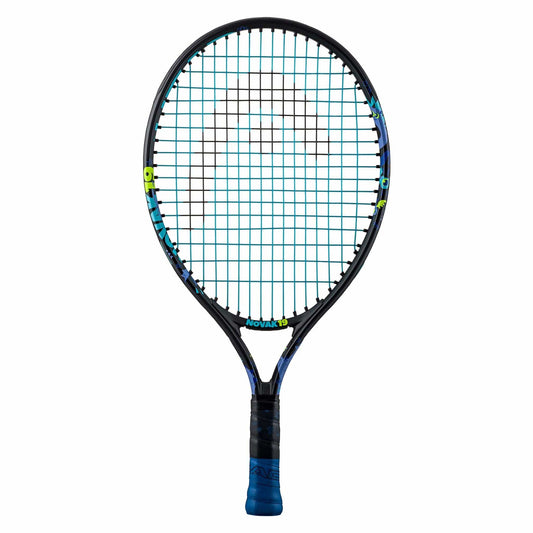 The HEAD Novak 19 Junior Tennis Racket in Black and Blue is perfect for young Novak Djokovic enthusiasts. It features a black frame with blue accents, a black grip, and distinctive white strings with a green pattern. The racket incorporates Damp+ insert technology to enhance performance, and the frame proudly displays visible HEAD branding.