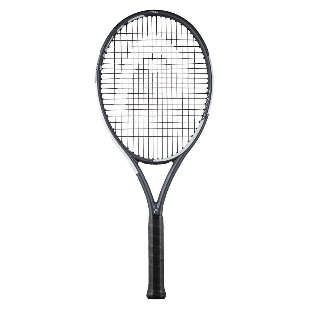 The HEAD IG Challenge Team L Tennis Racket - Stealth by HEAD boasts an oversized head size, a grid of strings, and a textured grip handle in black and white. Designed for precision, it is displayed against a plain white background.