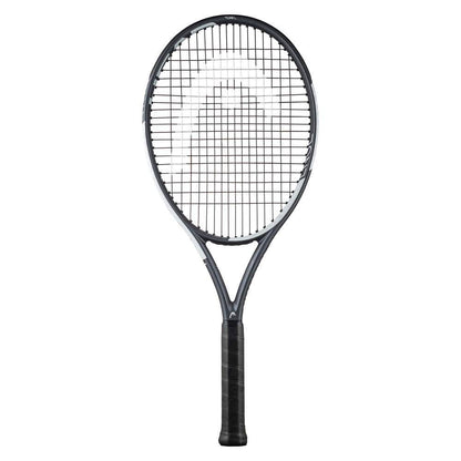 The HEAD IG Challenge Team L Tennis Racket - Stealth by HEAD boasts an oversized head size, a grid of strings, and a textured grip handle in black and white. Designed for precision, it is displayed against a plain white background.