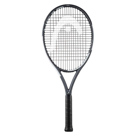 The HEAD IG Challenge Team L Tennis Racket - Stealth by HEAD boasts an oversized head size, a grid of strings, and a textured grip handle in black and white. Designed for precision, it is displayed against a plain white background.
