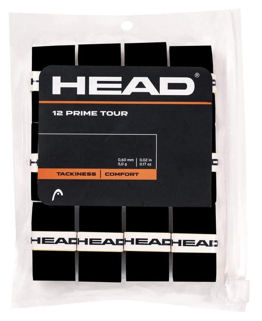 The HEAD Prime Tour Tennis Overgrip (12 Pack) in black provides super tacky, comfortable grips with "HEAD" in white for added feel. The clear package has a convenient ziplock closure.