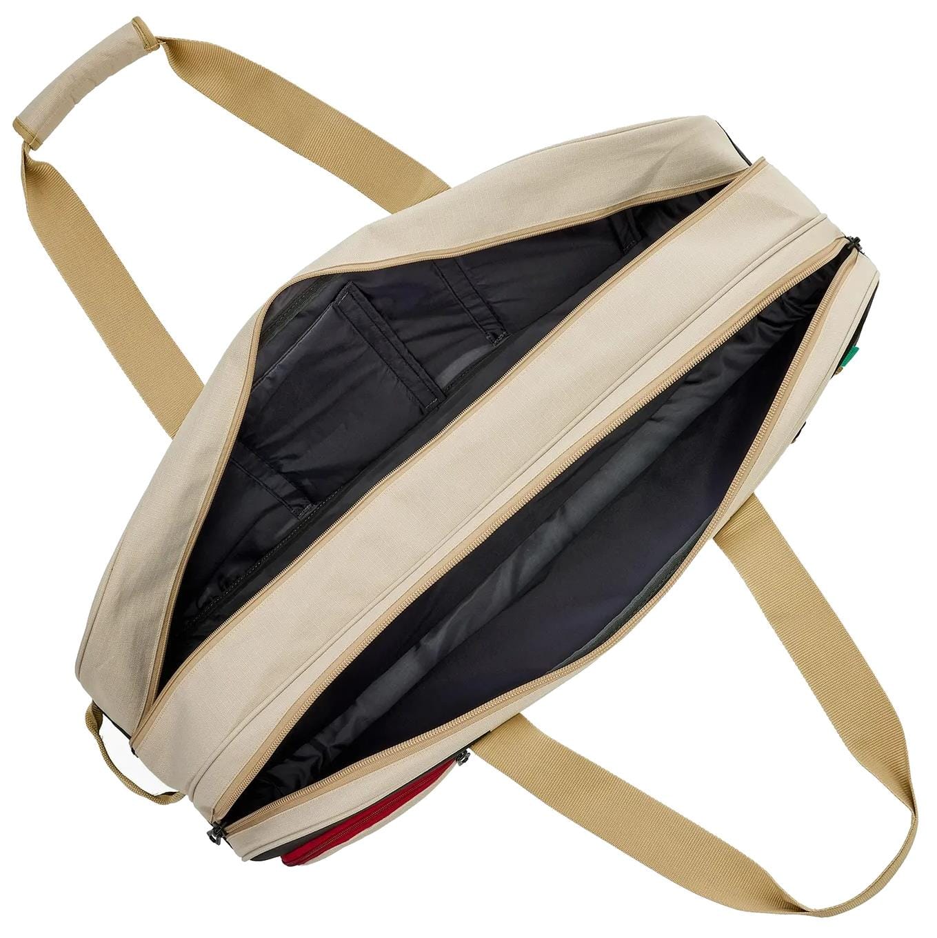 The Yonex BA72631WEX Gearlogic Tournament Tennis Bag in beige, featuring tan straps, is shown unzipped on a white background with its spacious black interior and multiple pockets visible.