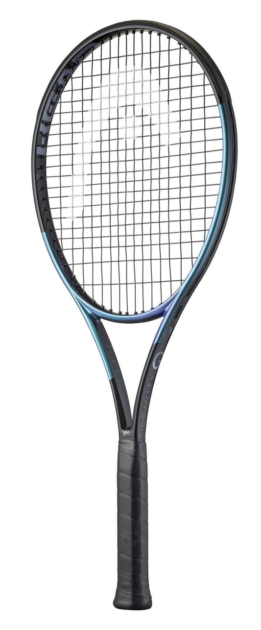 A HEAD Gravity Team 2025 Tennis Racket in black and blue with a black grip, featuring Auxetic 2.0 technology for a large sweetspot, stands upright against a white background.