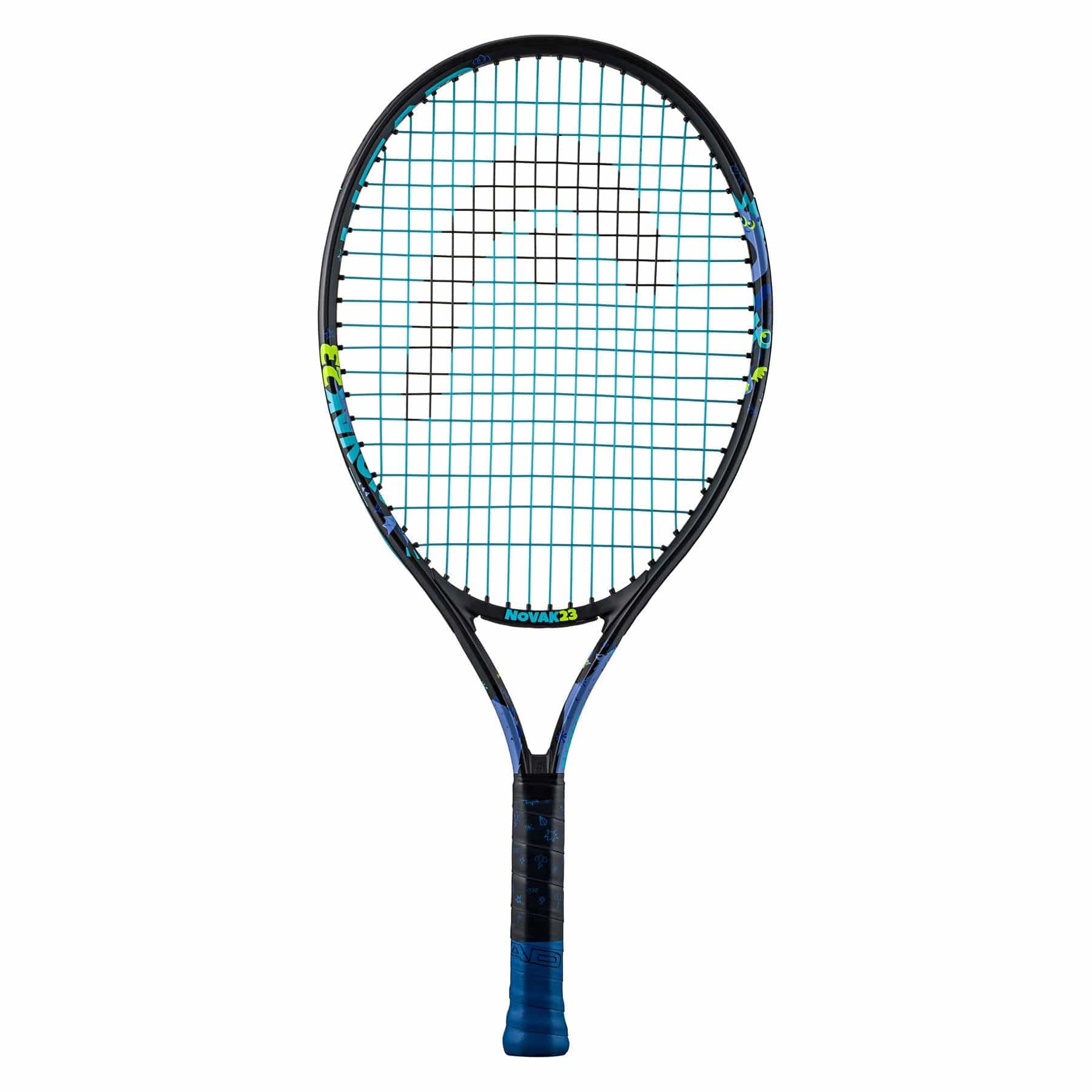 The HEAD Novak 23 Junior Tennis Racket, in black and blue, features a striking grid of blue strings. The frame is adorned with yellow accents reminiscent of Novak Djokovic's equipment and includes a logo at the top. It is designed with Damp+ technology for effective shock absorption. The handle is wrapped in a blue grip, all set against a plain white background.
