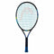 The HEAD Novak 23 Junior Tennis Racket, in black and blue, features a striking grid of blue strings. The frame is adorned with yellow accents reminiscent of Novak Djokovic's equipment and includes a logo at the top. It is designed with Damp+ technology for effective shock absorption. The handle is wrapped in a blue grip, all set against a plain white background.