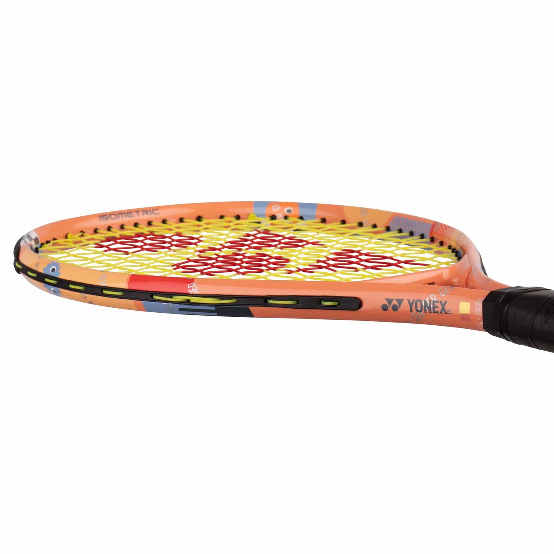 The Yonex Junior 21 Coral Orange Tennis Racket features a colorful, patterned frame and black grip—ideal as a kids’ tennis racket for young players.