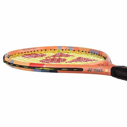 The Yonex Junior 21 Coral Orange Tennis Racket features a colorful, patterned frame and black grip—ideal as a kids’ tennis racket for young players.