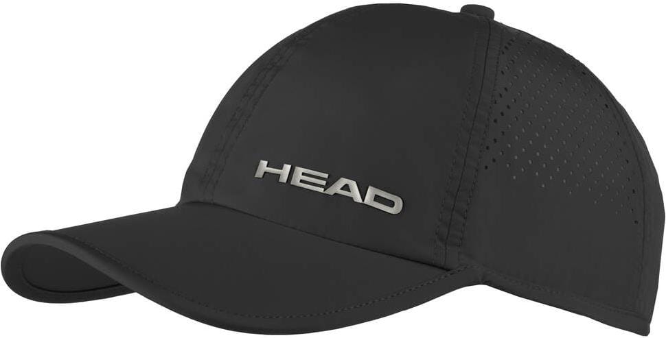 The HEAD Pro Player Tennis Cap - Black by HEAD features a curved brim, white "HEAD" logo on the front, side ventilation holes, and UV protection for lightweight comfort on and off the court.