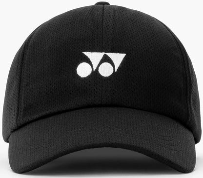 The Yonex 40125EX Tennis Cap in black features a white geometric Yonex logo on the front. This adjustable cap offers lightweight, breathable comfort and stylish design, making it ideal for tennis or everyday wear.