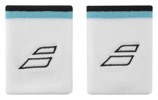 Each Babolat Terry Jumbo Wristband in white with Estate Blue accents showcases a stylized black logo of overlapping shapes near the center. The set includes two soft and comfortable wristbands featuring an absorbent, embroidered logo.