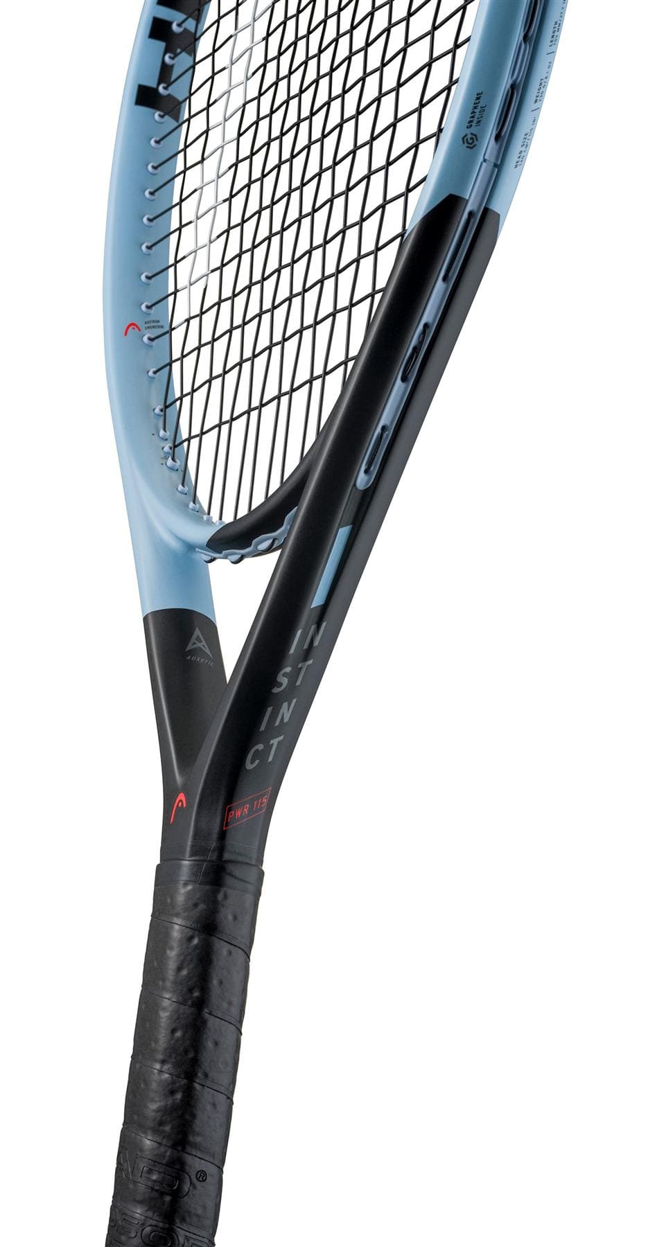 A close-up of the HEAD Instinct PWR 2025 Tennis Racket, a lightweight model by HEAD with a light blue and black frame, black strings and grip—ideal for intermediate club players—and displaying "INSTINCT" on the side.