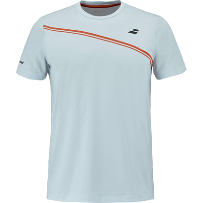 The Babolat Play Men's Crew Neck Tennis T-Shirt in Illusion Blue features two diagonal red stripes, a small black logo on the left chest, and a round neckline for a sporty look—perfect for any tennis match.