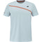 The Babolat Play Men's Crew Neck Tennis T-Shirt in Illusion Blue features two diagonal red stripes, a small black logo on the left chest, and a round neckline for a sporty look—perfect for any tennis match.