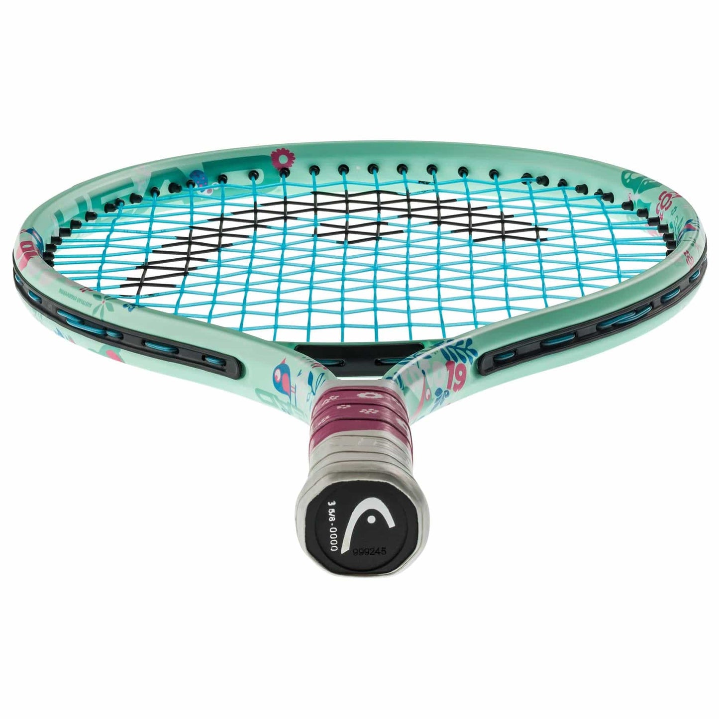 The HEAD Coco 19 Junior Tennis Racket in mint color features black strings and colorful patterns inspired by Coco Gauff. It includes a maroon grip on the handle with the brand logo at the base and a Damp+ insert, displayed with the handle facing forward.