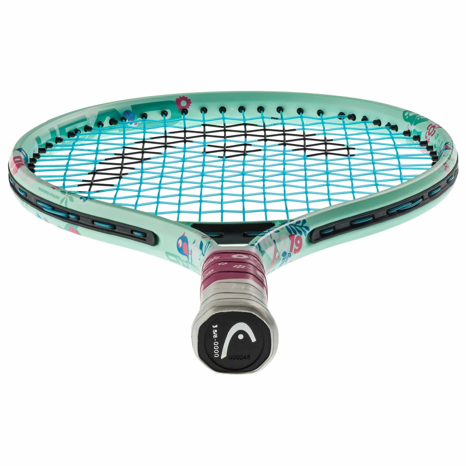 The HEAD Coco 19 Junior Tennis Racket in mint color features black strings and colorful patterns inspired by Coco Gauff. It includes a maroon grip on the handle with the brand logo at the base and a Damp+ insert, displayed with the handle facing forward.