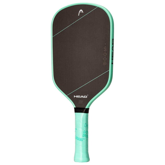 The HEAD Boom Tour EX 2024 Pickleball Paddle by HEAD is a black and teal paddle with a rectangular shape, rounded edges, a teal handle, and "BOOM" printed vertically on the face for a bold look.