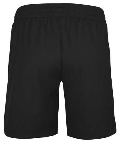The back view of the Babolat Play Men's Tennis Shorts in black features an elastic waistband, made with recycled polyester fabric for eco-friendly performance.