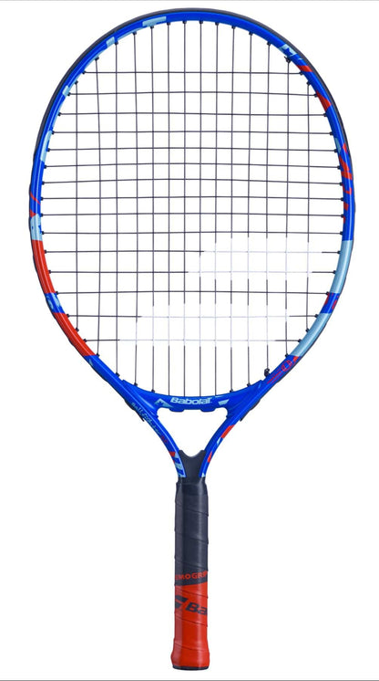 The Babolat BallFighter 21 Junior Tennis Racket - Blue / Red, crafted by Babolat, is perfect for beginners. It boasts a vibrant blue and red frame outfitted with strings, while the handle is wrapped in contrasting black and red grip tape to encourage proper grip techniques. Photographed against a white background, it’s an excellent choice for those new to tennis.