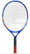 The Babolat BallFighter 21 Junior Tennis Racket - Blue / Red, crafted by Babolat, is perfect for beginners. It boasts a vibrant blue and red frame outfitted with strings, while the handle is wrapped in contrasting black and red grip tape to encourage proper grip techniques. Photographed against a white background, it’s an excellent choice for those new to tennis.