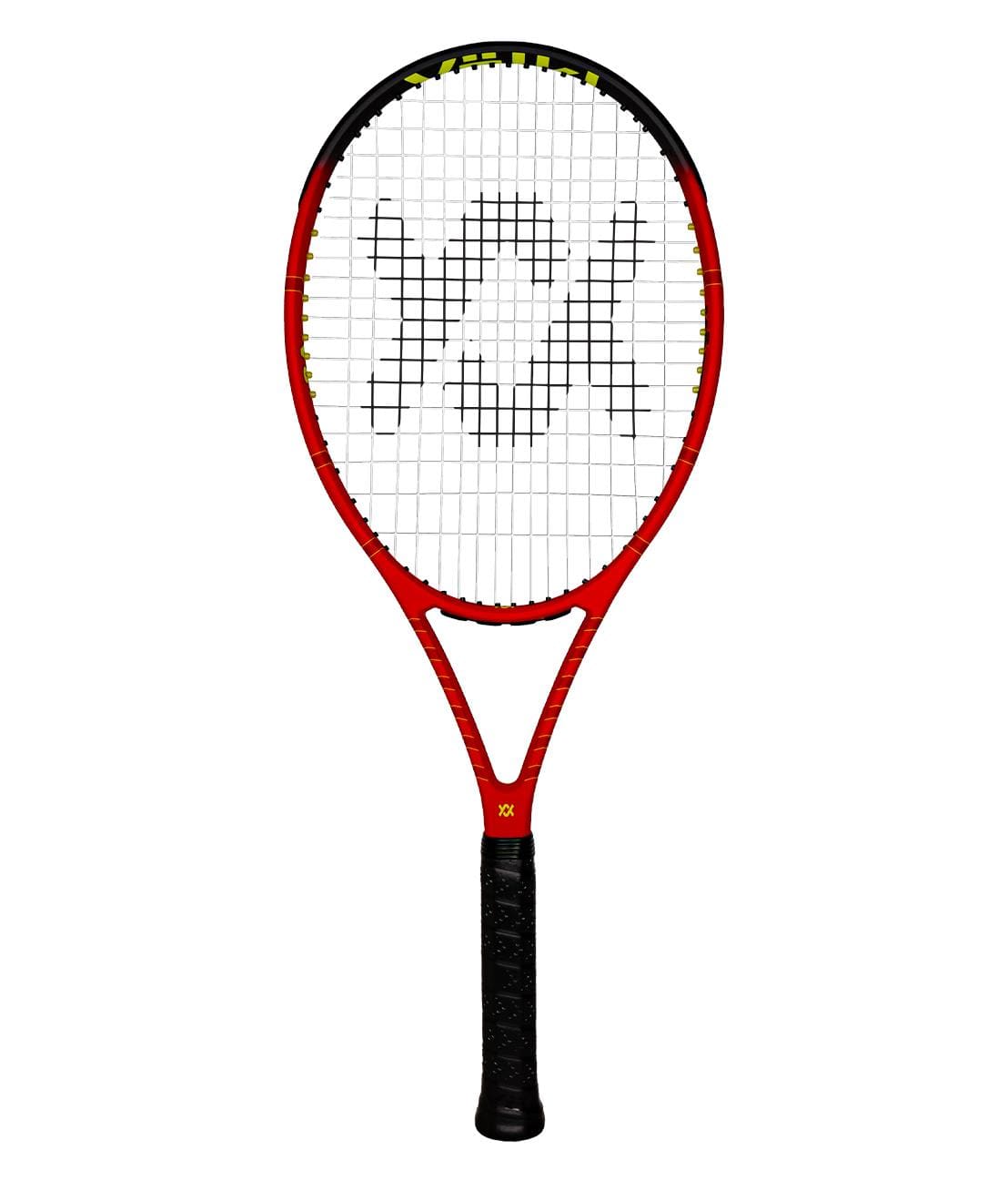 The Volkl Vostra V8 315g Tennis Racket in red and black features a distinctive white string pattern with a stylized "X" design at the center. The handle is wrapped in black grip tape to enhance your performance by providing a catapult effect on every swing.