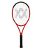 The Volkl Vostra V8 315g Tennis Racket in red and black features a distinctive white string pattern with a stylized "X" design at the center. The handle is wrapped in black grip tape to enhance your performance by providing a catapult effect on every swing.