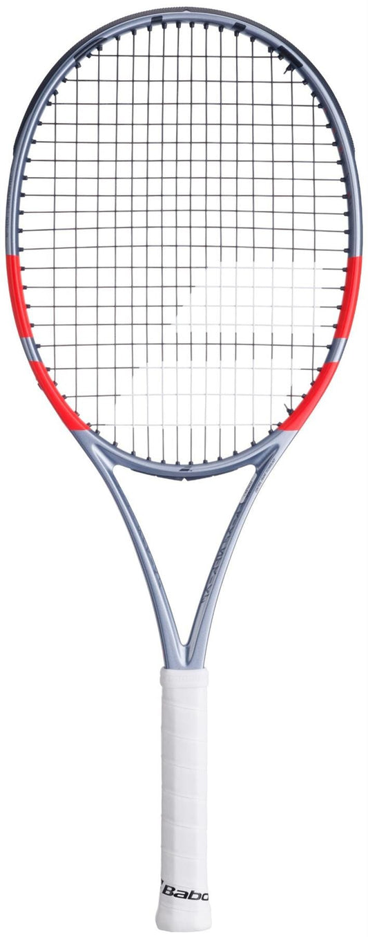 A silver and red Babolat Pure Strike 100 Gen4 Tennis Racket with a white grip is shown upright against a plain white background.