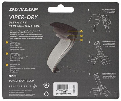 The packaging of the Dunlop Viper-Dry Replacement Tennis Grip - Black comes with installation instructions featuring illustrations. Highlighting its perspiration absorption and extreme durability, it guides you to wrap the grip from the handle's end, pull tightly, and secure it at the top for optimal performance.