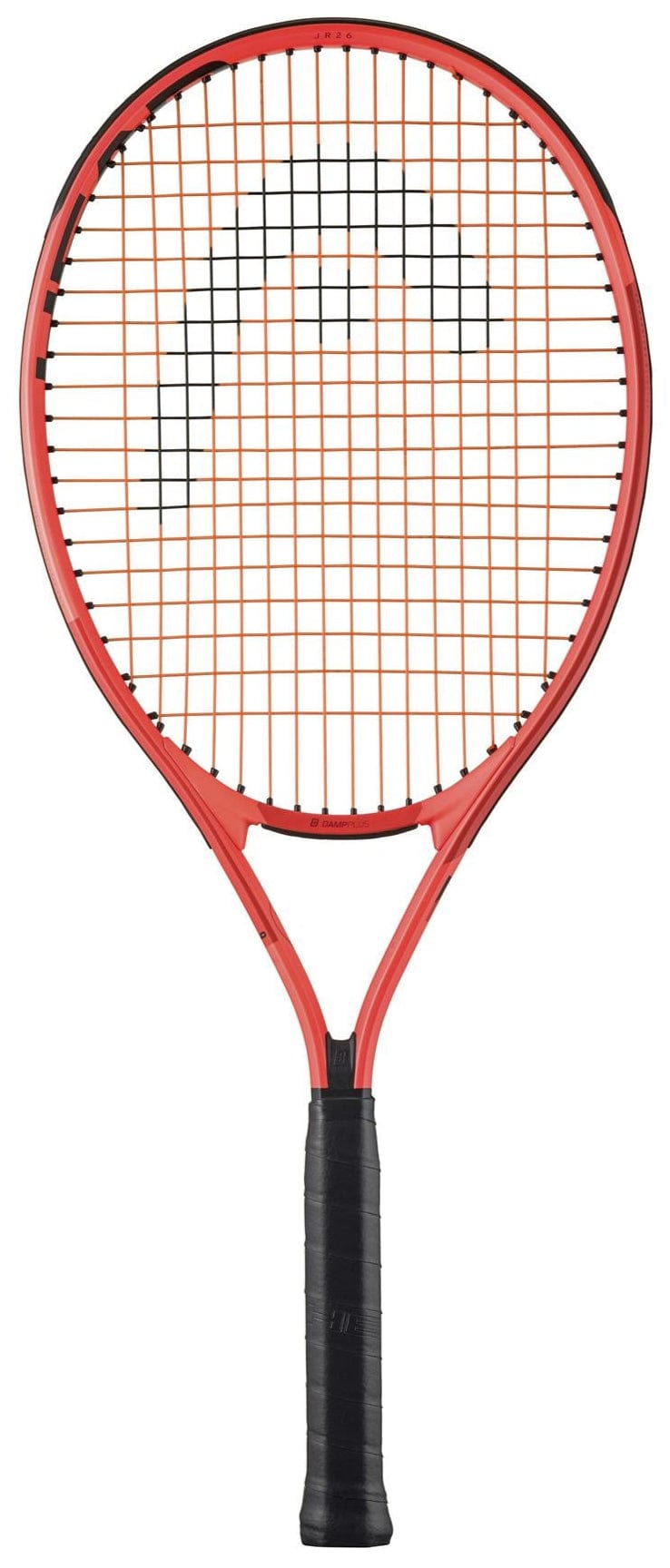 The HEAD Radical Junior 26 2025 Tennis Racket by HEAD features black strings and a black grip, with a large curved black line on the stringbed. Photographed against a white background, it’s ideal for junior players.